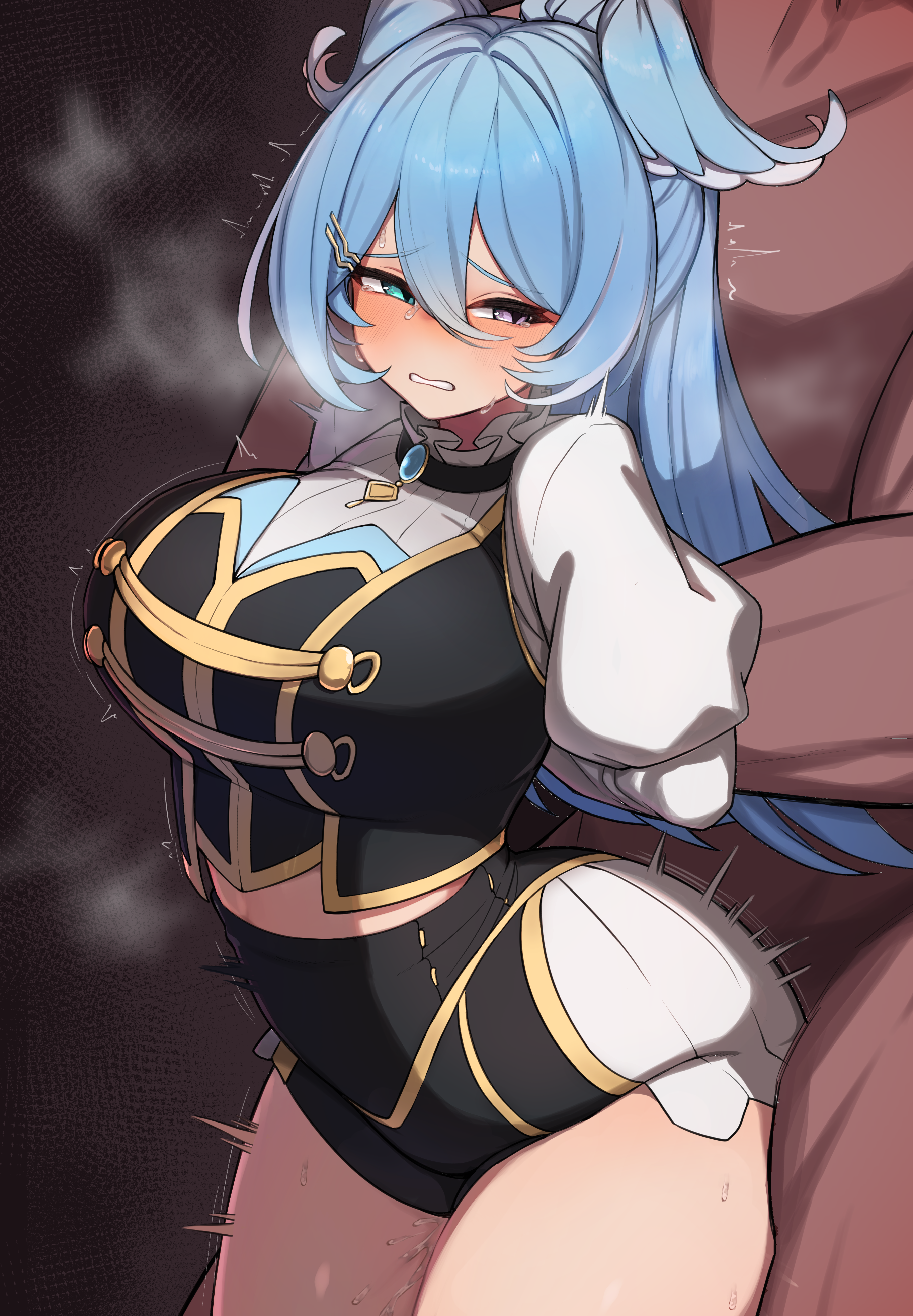 kenkoumineral55, elira pendora, nijisanji, nijisanji en, absurdres, highres, 1boy, 1girl, aqua eyes, blue hair, blush, breasts, clenched teeth, clothed female nude male, cross-shaped pupils, hair between eyes, head wings, heavy breathing, hetero, heterochromia, large breasts, long hair, midriff, motion lines, nijisanji idol uniform, nose blush, nude, purple eyes, sex, sex from behind, steaming body, symbol-shaped pupils, teeth, thighs, virtual youtuber, wings