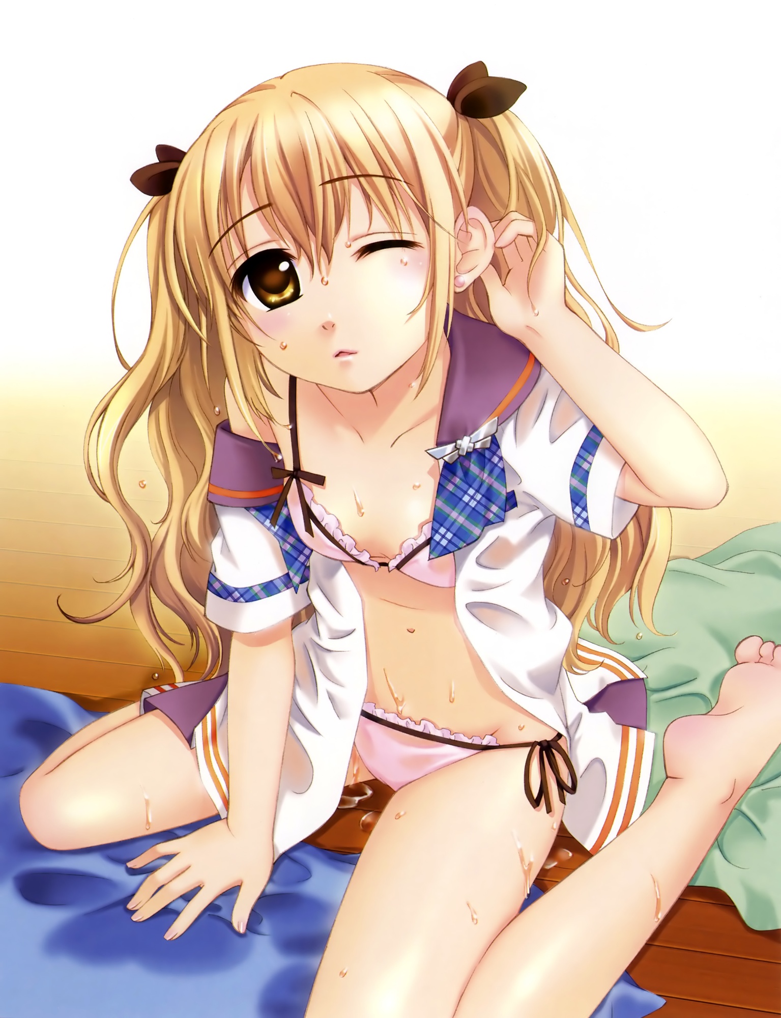 ginta, saotome tsukasa, sugar+spice!, sugar + spice, highres, 1girl, :<, barefoot, blonde hair, blush, bra, breasts, feet, female focus, flat chest, hair ribbon, legs, lingerie, long hair, one eye closed, open clothes, open shirt, panties, ribbon, shirt, side-tie panties, sitting, soles, solo, toes, triangle mouth, underwear, wet, wink, yellow eyes