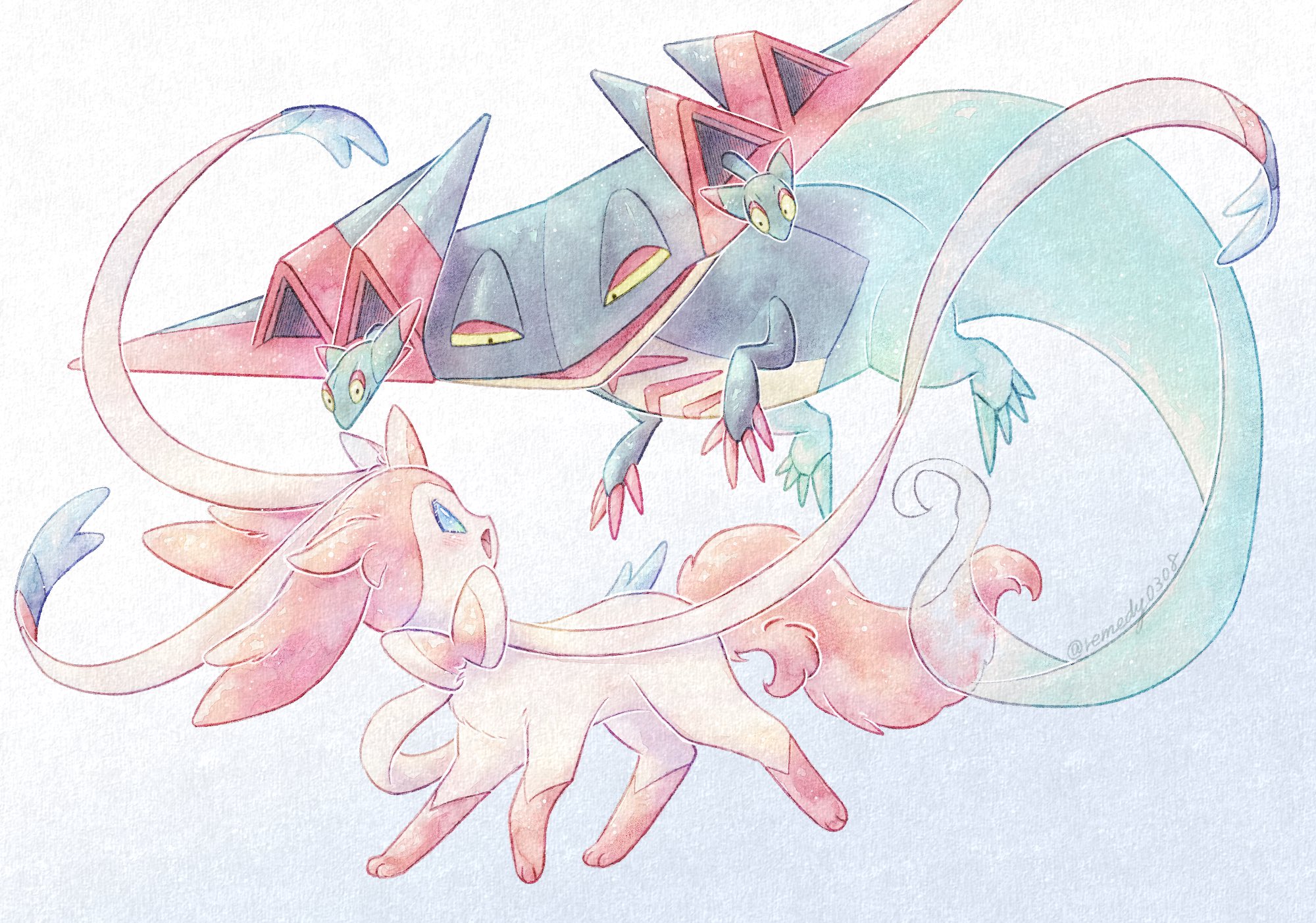 remedy matome, dragapult, dreepy, sylveon, nintendo, pokemon, highres, blue eyes, gen 6 pokemon, gen 8 pokemon, looking at another, no humans, open mouth, pink fur, pink tail, pokemon (creature), two-tone fur, white fur, yellow eyes