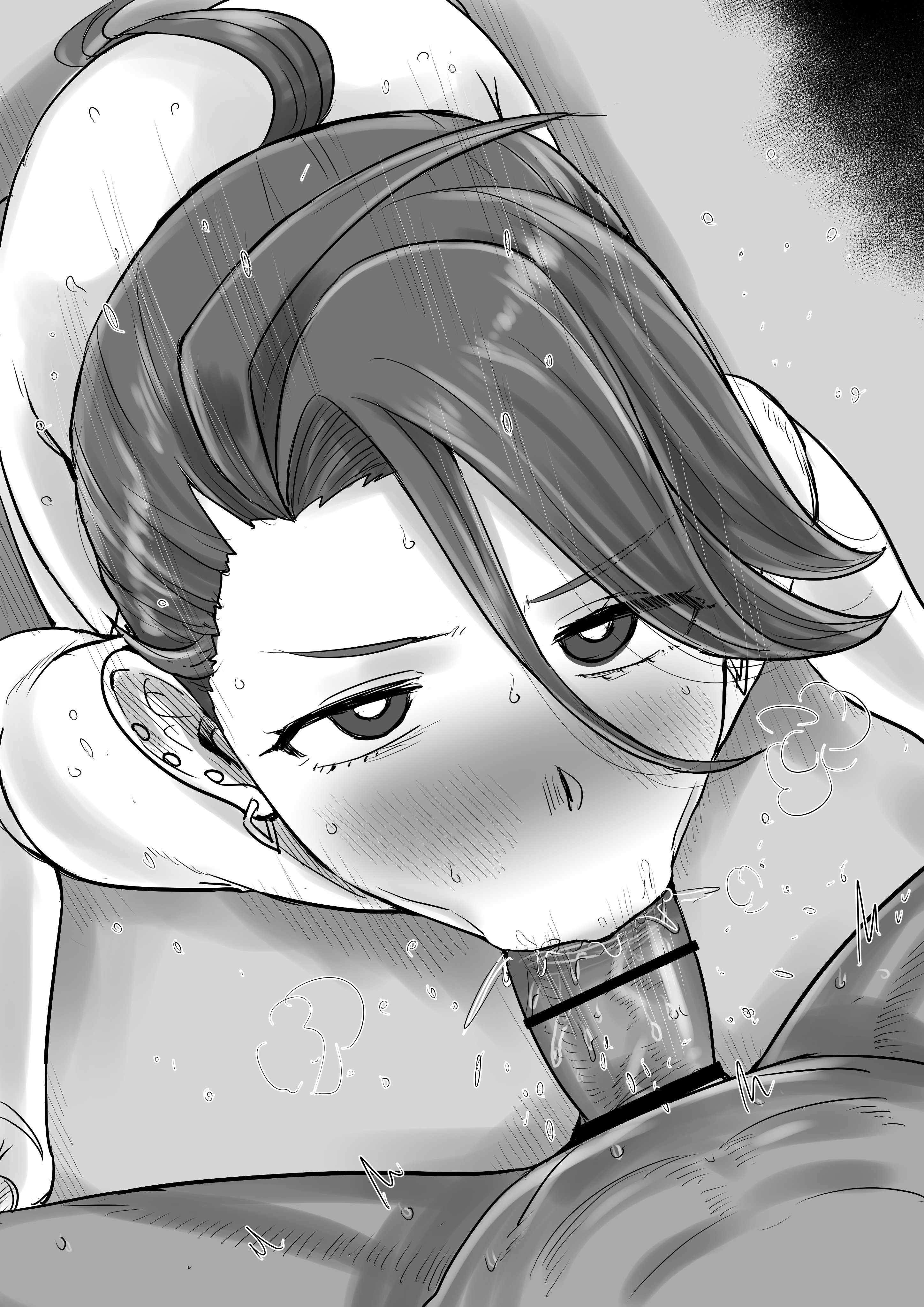 kaiman garupan, rika (pokemon), nintendo, pokemon, pokemon sv, absurdres, highres, 1boy, 1girl, :>=, androgynous, bar censor, blush, bright pupils, censored, completely nude, ear piercing, earrings, erection, fellatio, from above, grey background, greyscale, hair between eyes, jewelry, kneeling, long hair, looking at viewer, looking up, low ponytail, monochrome, motion lines, nose blush, nude, oral, penis, piercing, ponytail, pov, reverse trap, sweat, swept bangs, triangle earrings, very long hair, white pupils