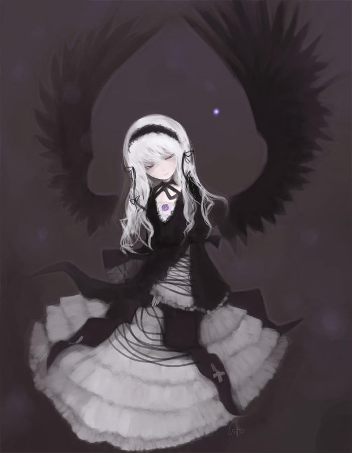 inemuri uno, suigintou, rozen maiden, bad id, bad pixiv id, 00s, red eyes, solo, white hair, wings