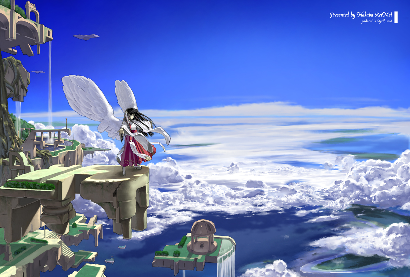nakabayashi reimei, original, 1girl, angel wings, black hair, cloud, day, female focus, floating city, floating island, landscape, outstretched arms, oversized wings, scenery, sky, solo, spread arms, wings