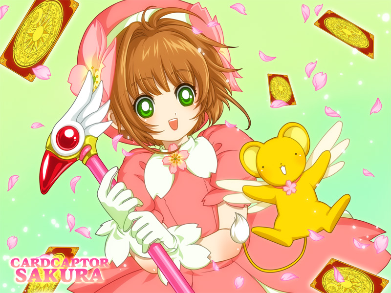 kuren, clow card, kero (cardcaptor sakura), kinomoto sakura, cardcaptor sakura, bad id, bad pixiv id, 1990s (style), 1girl, brown hair, card, cherry blossoms, female focus, floating card, fuuin no tsue, green eyes, hat, magical girl, name connection, object namesake, pink hat, retro artstyle, solo