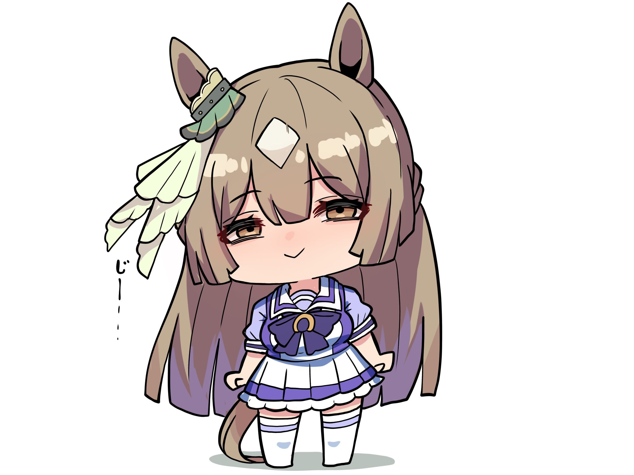 kawamochi (tddm3573), satono diamond (umamusume), umamusume, highres, translation request, 1girl, :>, animal ears, bow, breasts, brown eyes, brown hair, closed mouth, full body, hair between eyes, half-closed eyes, horse ears, horse girl, horse tail, long hair, looking at viewer, medium breasts, multicolored hair, pleated skirt, puffy short sleeves, puffy sleeves, purple bow, purple shirt, school uniform, shadow, shirt, short sleeves, simple background, skirt, smile, solo, standing, tail, tracen school uniform, two-tone hair, very long hair, white background, white hair, white skirt