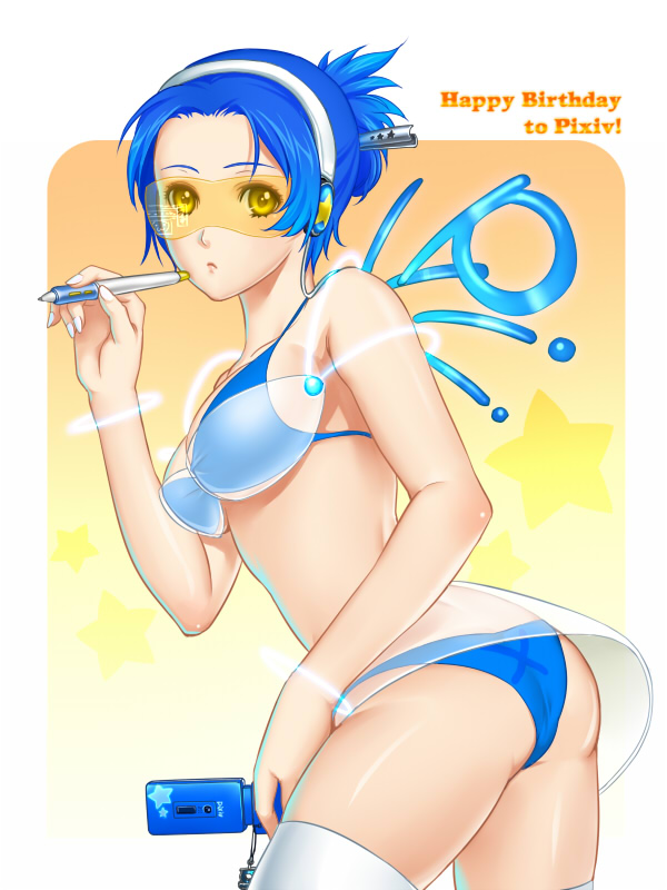 kuren, pixiv-tan, pixiv, bad id, bad pixiv id, 1girl, ass, bikini, blue bikini, blue hair, breasts, camera, female focus, glasses, pen, phone, solo, sunglasses, swimsuit, thighhighs, yellow eyes