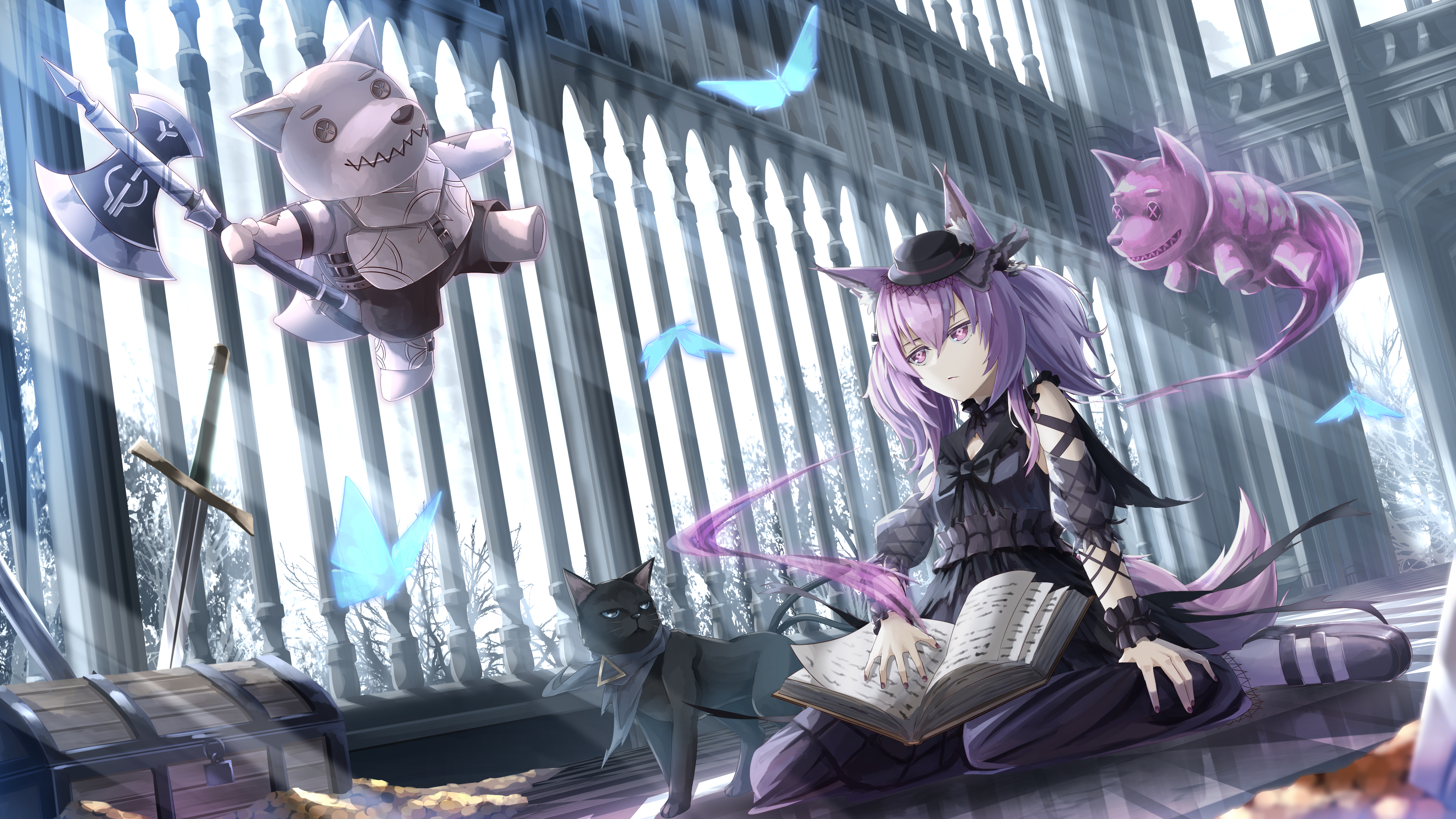 crudefish, shamare (arknights), arknights, absurdres, commentary, english commentary, highres, revision, 1girl, animal ear fluff, animal ears, axe, black cat, blue butterfly, bug, butterfly, cat, coin, diamond-shaped pupils, diamond (shape), fox ears, fox tail, gold coin, gothic lolita, hat, holding, holding axe, insect, lolita fashion, mini hat, outdoors, purple eyes, purple hair, sitting, solo, stuffed wolf, sunlight, sword, symbol-shaped pupils, tail, treasure chest, twintails, wariza, weapon, wrist cuffs
