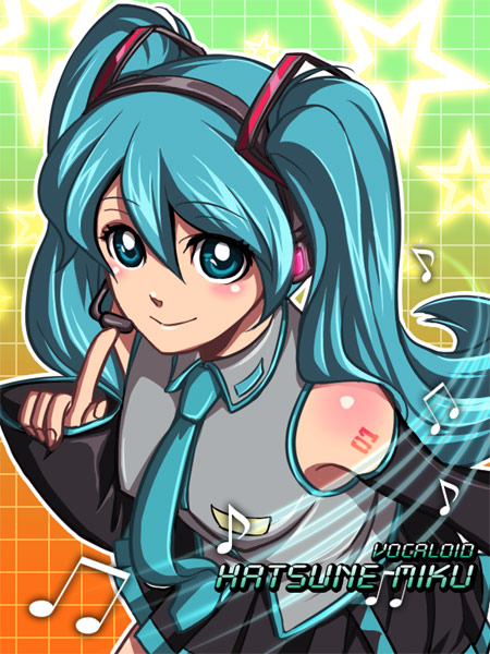 kuren, hatsune miku, vocaloid, bad id, bad pixiv id, 1girl, aqua eyes, aqua hair, beamed quavers, female focus, musical note, musical staff, quaver, solo
