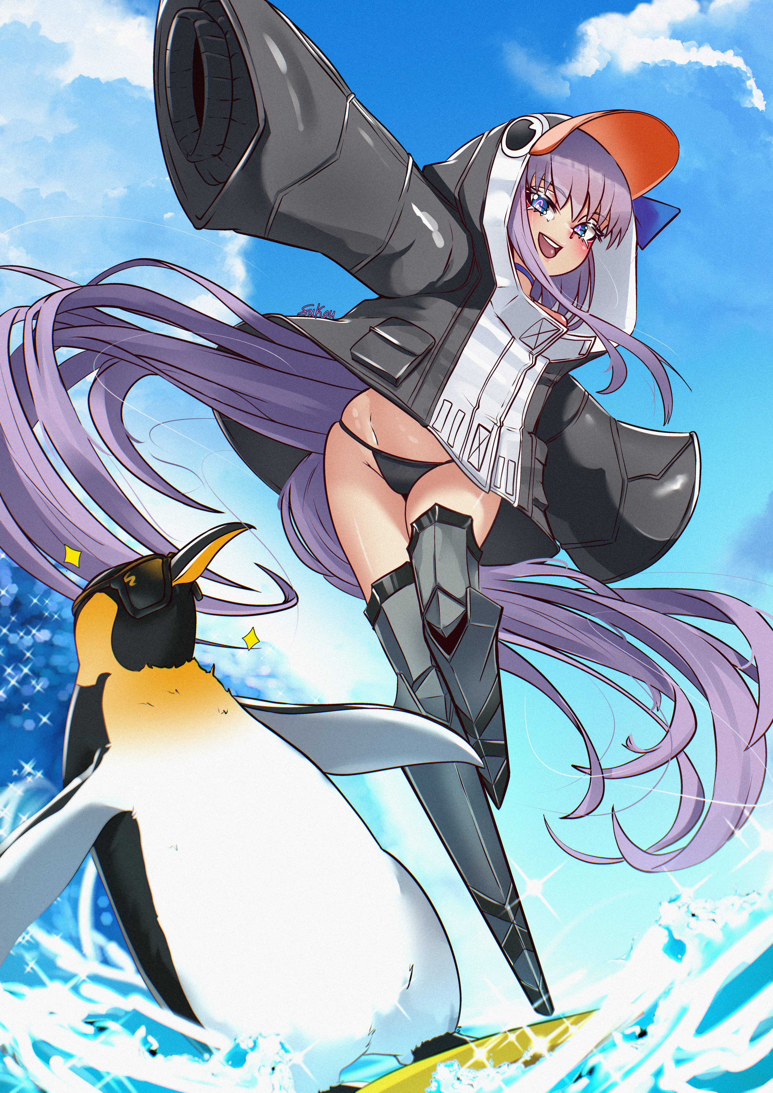fukou, meltryllis, meltryllis (fate), meltryllis (swimsuit lancer) (fate), meltryllis (swimsuit lancer) (first ascension) (fate), fate/grand order, fate (series), absurdres, highres, 1girl, animal hood, bikini, bird, black bikini, black jacket, blue bow, blue eyes, blush, bow, breasts, hood, hooded jacket, jacket, long hair, long sleeves, looking at viewer, open mouth, penguin, penguin hood, prosthesis, prosthetic leg, purple hair, small breasts, smile, swimsuit