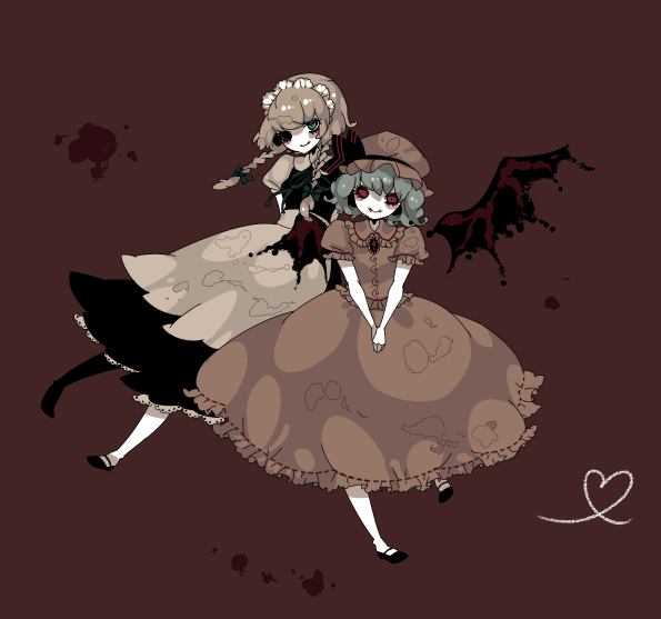 shikimi (yurakuru), izayoi sakuya, remilia scarlet, touhou, silver hair, 2girls, blue hair, female focus, hat, maid, multiple girls, red eyes, short hair, wings, yurakuru pixiv81607