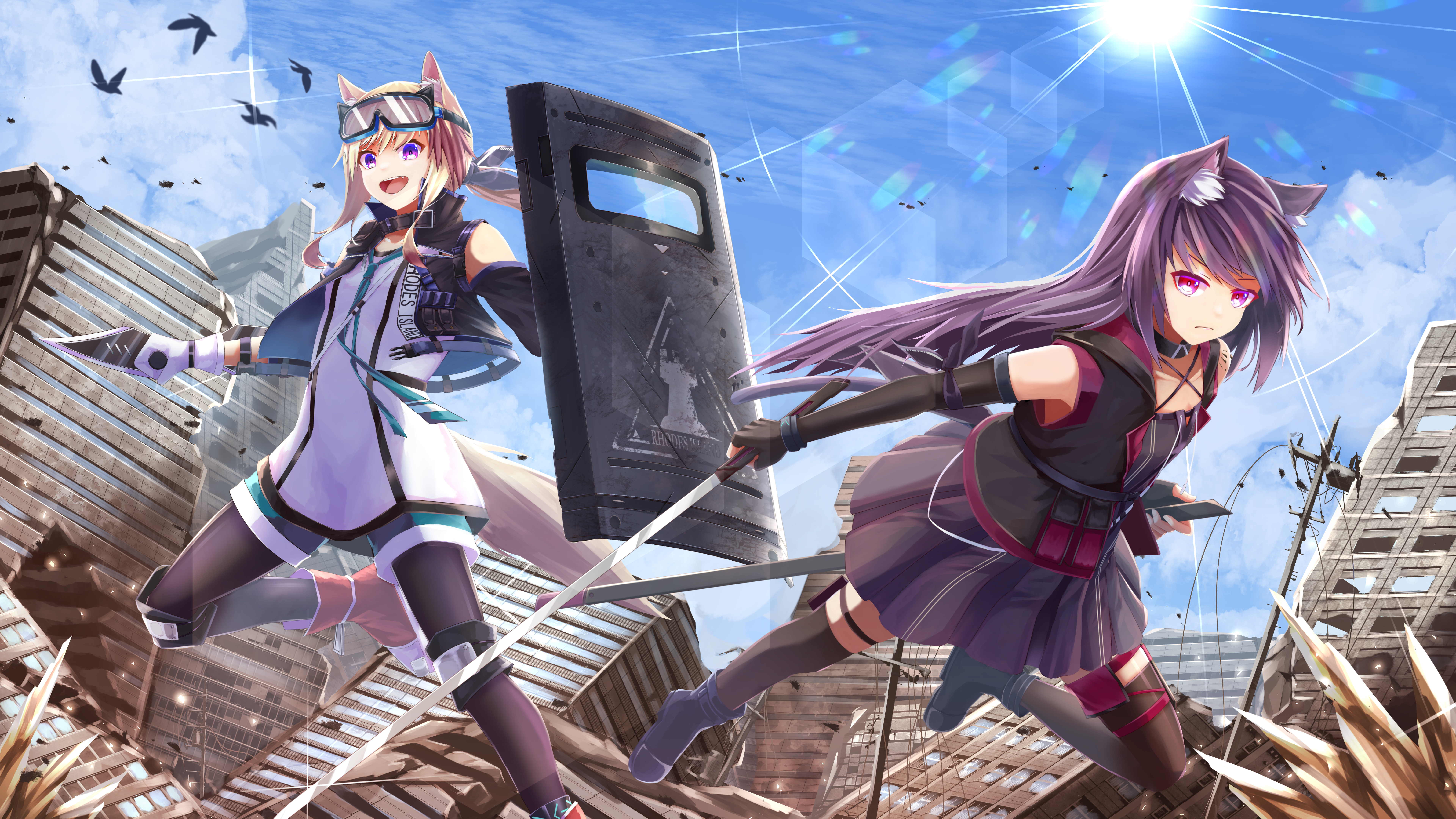 crudefish, cardigan (arknights), melantha (arknights), arknights, absurdres, commentary request, highres, mixed-language commentary, revision, 2girls, animal ear fluff, animal ears, ballistic shield, bird, black pantyhose, black thighhighs, blonde hair, boots, fingerless gloves, gloves, goggles, goggles on head, lens flare, light particles, long hair, multiple girls, open mouth, outdoors, pantyhose, pink eyes, purple eyes, red boots, ruins, shield, tail, teeth, thighhighs, upper teeth only, utility pole, white gloves