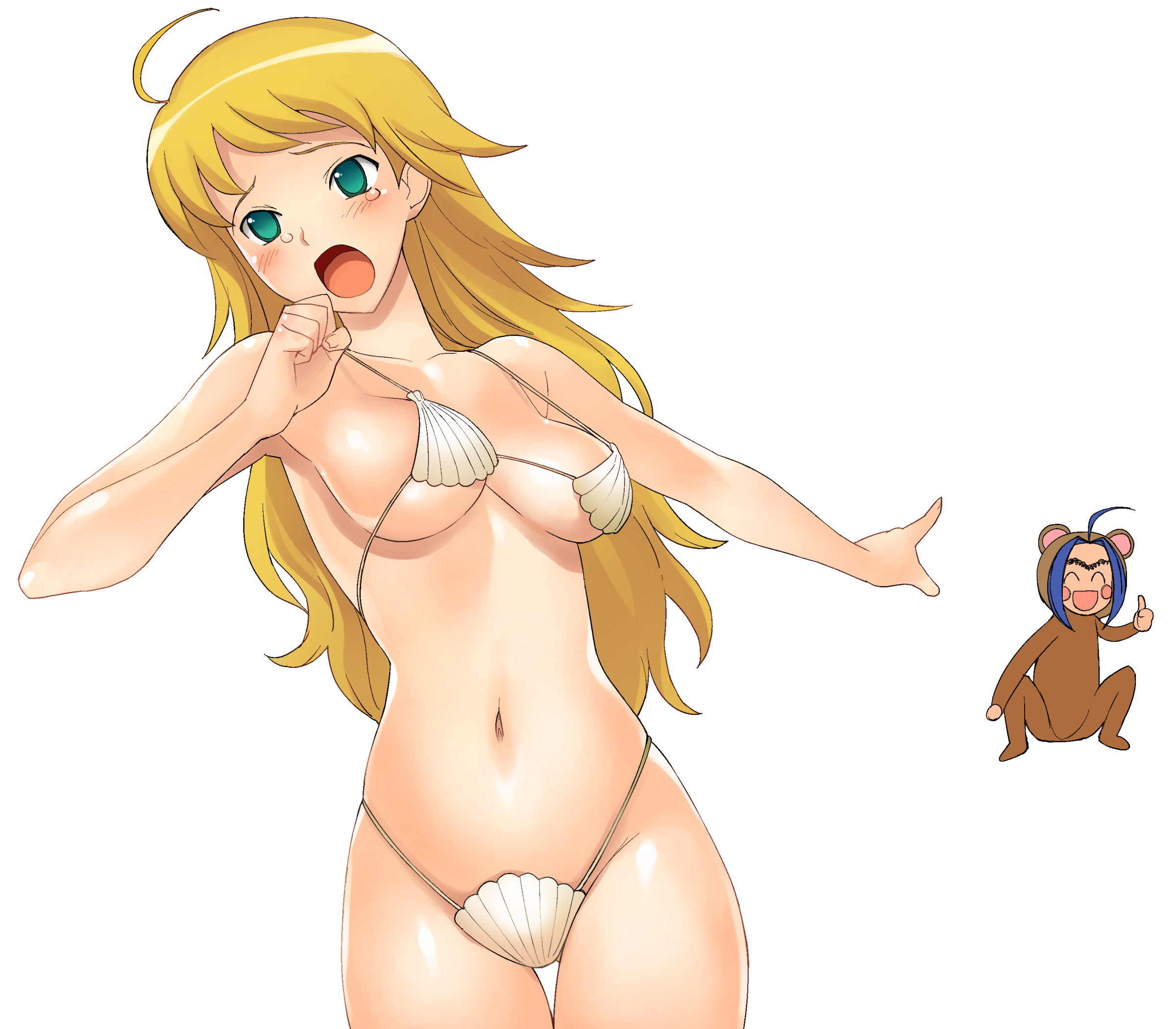 a1 (initial-g), hoshii miki, miura azusa, idolmaster, idolmaster (classic), idolmaster 1, highres, 00s, 2girls, ahoge, bikini, blonde hair, breasts, chibi, green eyes, long hair, medium breasts, multiple girls, navel, open mouth, shell, shell bikini, sideboob, swimsuit, tears, underboob