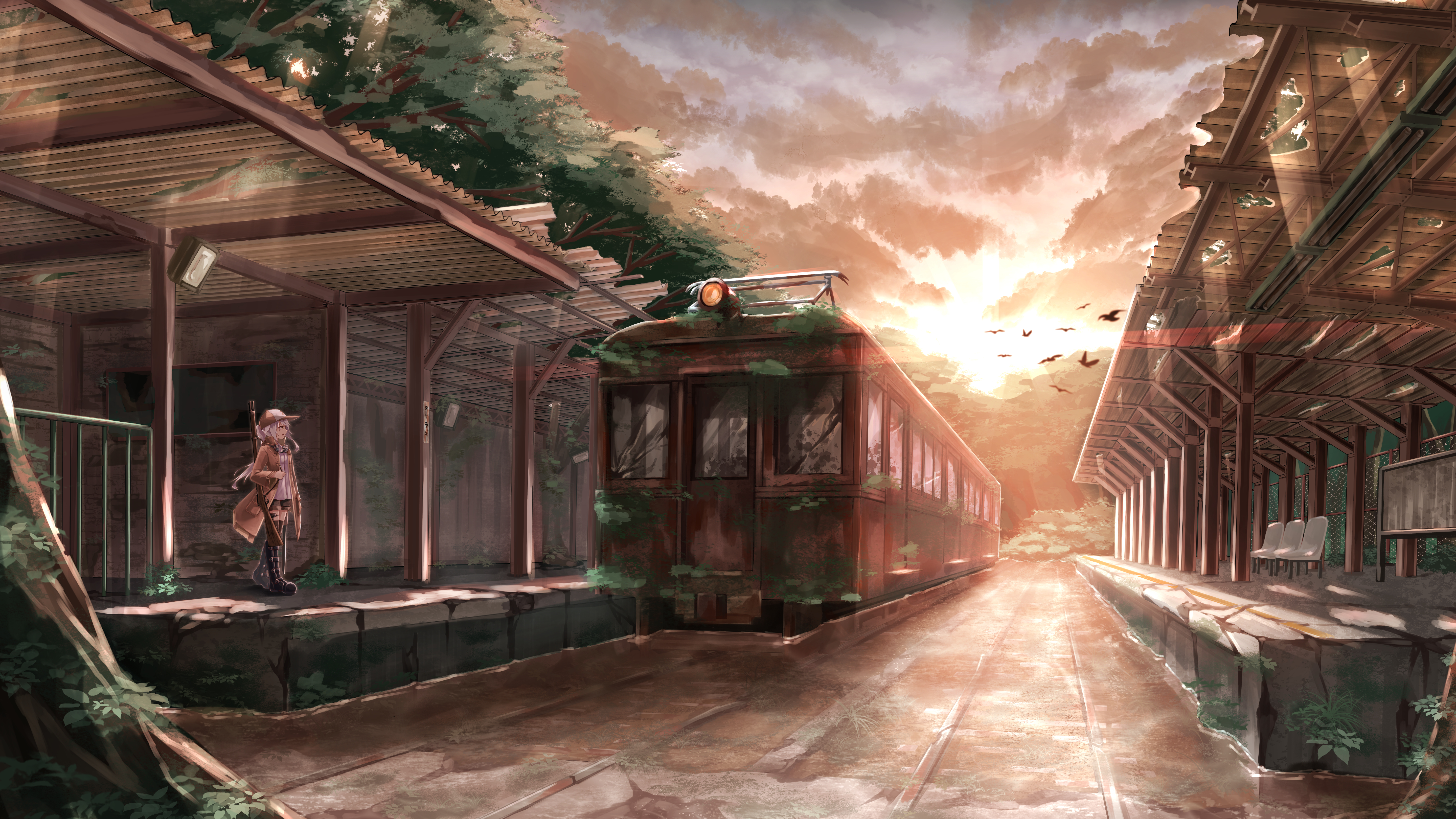 crudefish, original, absurdres, commentary request, highres, revision, weapon request, 1girl, bird, chair, evening, flock, gun, hat, long hair, outdoors, overgrown, ruins, scenery, solo, train, train station, tree, weapon