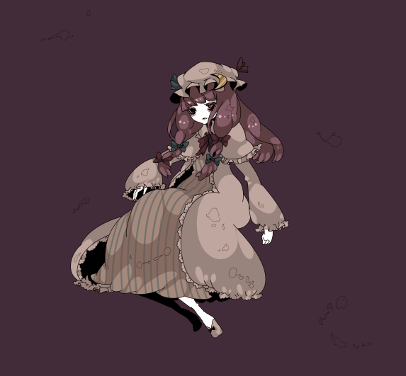 shikimi (yurakuru), patchouli knowledge, touhou, 1girl, female focus, hat, long hair, purple eyes, purple hair, simple background, sitting, solo, yurakuru pixiv81607