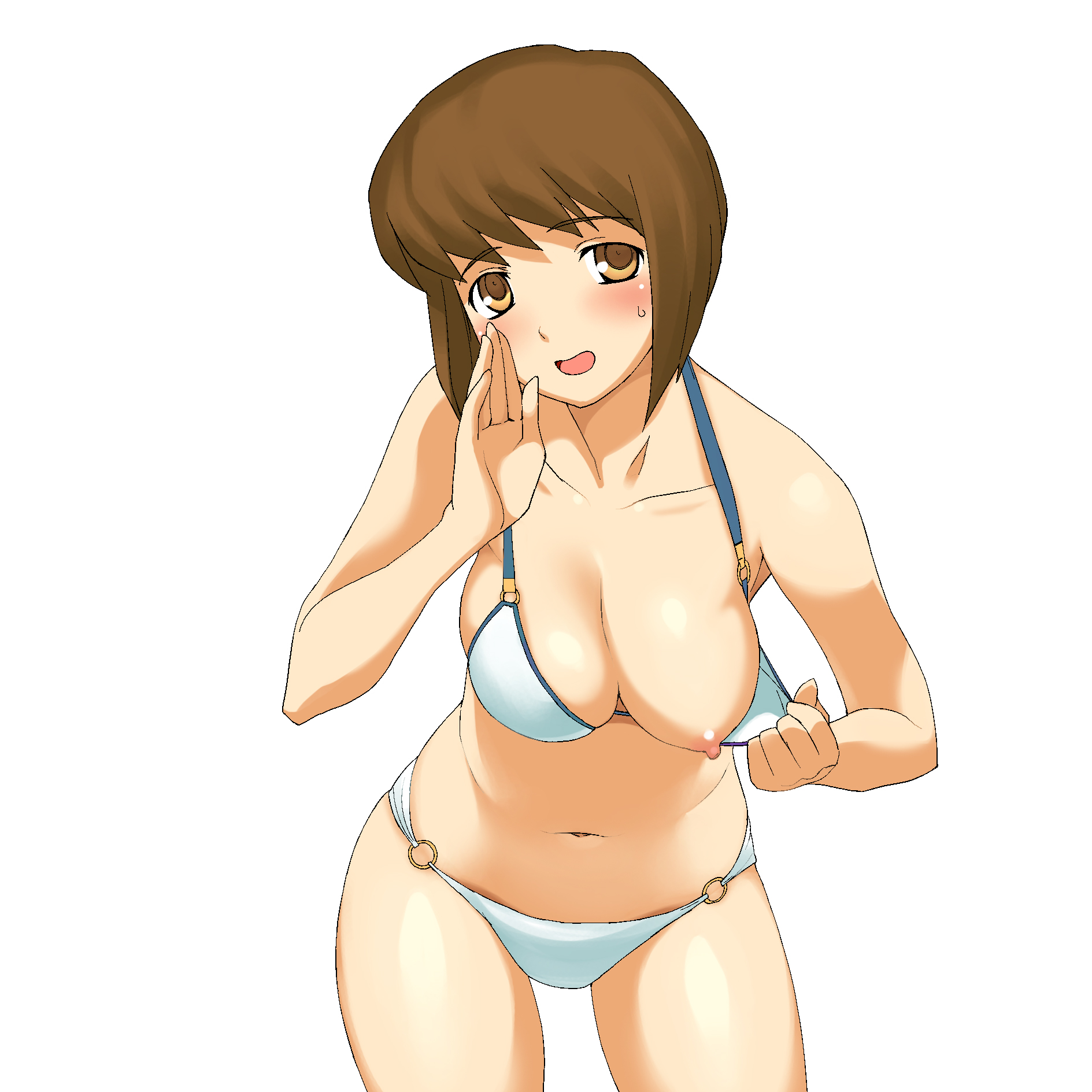 a1 (initial-g), hagiwara yukiho, idolmaster, idolmaster xenoglossia, highres, 00s, 1girl, bikini, bikini pull, blush, breast slip, breasts, brown eyes, brown hair, clothes pull, female focus, large breasts, leaning forward, navel, nipples, one breast out, open mouth, pulling own clothes, short hair, solo, sweat, swimsuit, white bikini