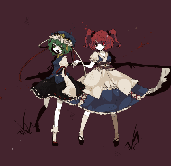 shikimi (yurakuru), onozuka komachi, shiki eiki, touhou, bad id, bad pixiv id, 2girls, female focus, full body, green eyes, green hair, hat, multiple girls, red eyes, red hair, rod of remorse, scythe, short hair, simple background, standing, yurakuru pixiv81607