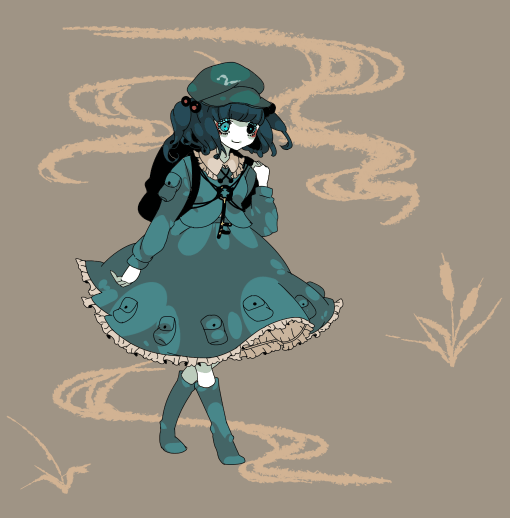 shikimi (yurakuru), kawashiro nitori, touhou, 1girl, bag, blue eyes, blue hair, female focus, full body, hat, matching hair/eyes, plant, skirt, solo, two side up, yurakuru pixiv81607