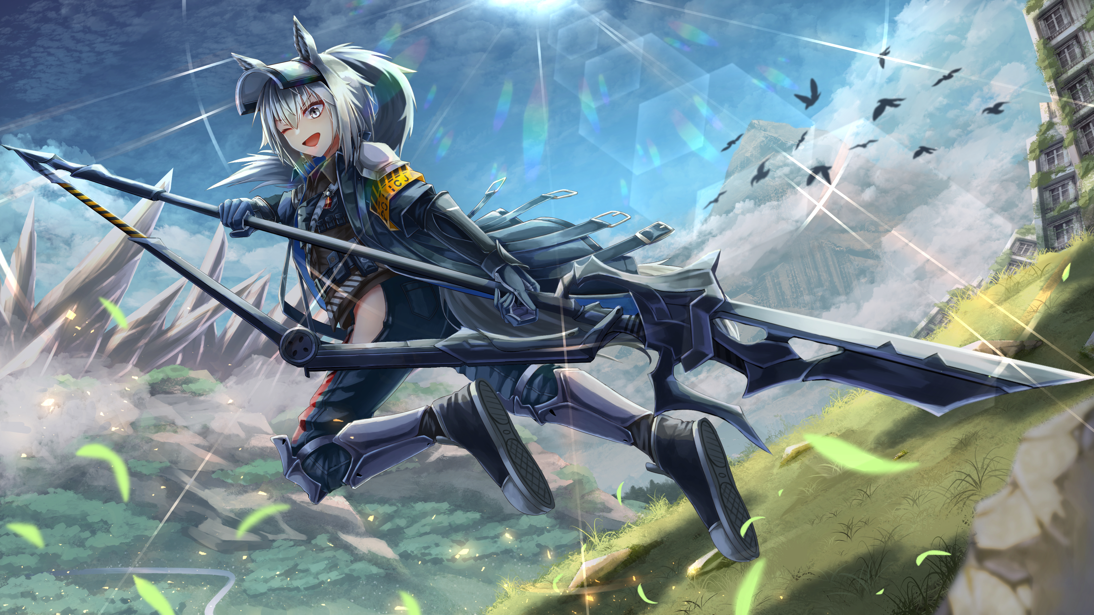 crudefish, grani (arknights), arknights, absurdres, commentary request, highres, revision, 1girl, animal ears, belt, eyelashes, flock, gauntlets, grey eyes, grey hair, hair between eyes, horse ears, horse girl, horse tail, jumping, lens flare, long hair, multiple belts, one eye closed, open mouth, outdoors, overgrown, ponytail, ruins, solo, tail, visor lift