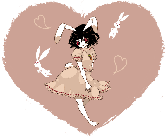 shikimi (yurakuru), inaba tewi, touhou, bad id, bad pixiv id, 1girl, animal ears, barefoot, female focus, food-themed clothes, heart, rabbit, rabbit ears, red eyes, short hair, smile, solo, yurakuru pixiv81607