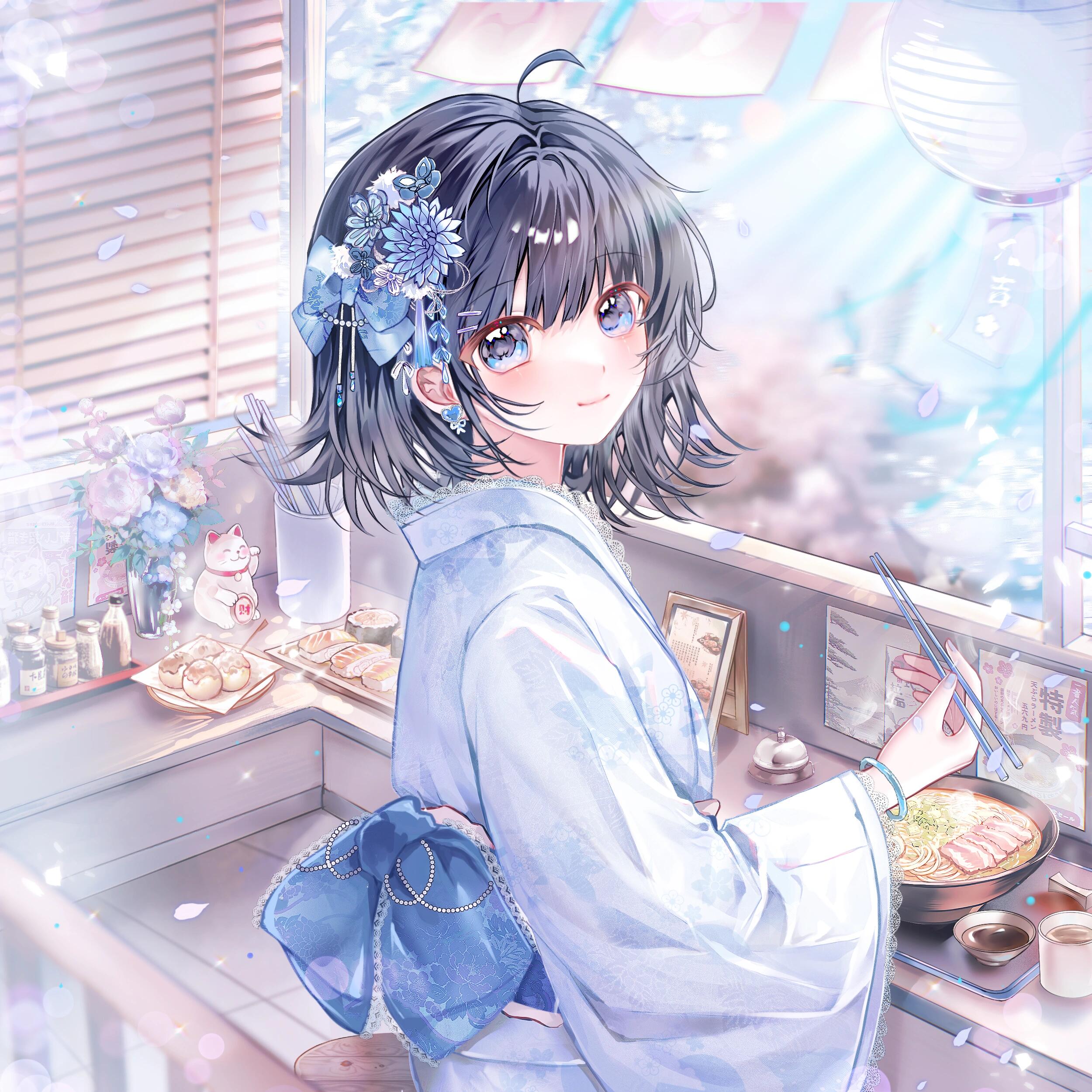 kengdeji, original, absurdres, highres, large variant set, variant set, 1girl, ahoge, black hair, blue eyes, blue flower, blush, bow, bowl, chopsticks, closed mouth, earrings, flower, food, from side, hair flower, hair ornament, holding, holding chopsticks, indoors, japanese clothes, jewelry, kimono, lantern, long sleeves, looking at viewer, looking to the side, noodles, obi, petals, ramen, sash, short hair, smile, solo, wide sleeves, window