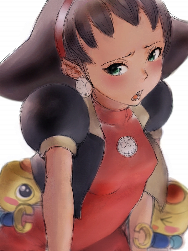 fumio (rsqkr), servbot (mega man), tron bonne (mega man), capcom, mega man (series), mega man legends (series), 1girl, blush, brown hair, dry humping, earrings, from behind, green eyes, hair slicked back, hairband, humping, jewelry, leaning forward, sexually suggestive, short hair