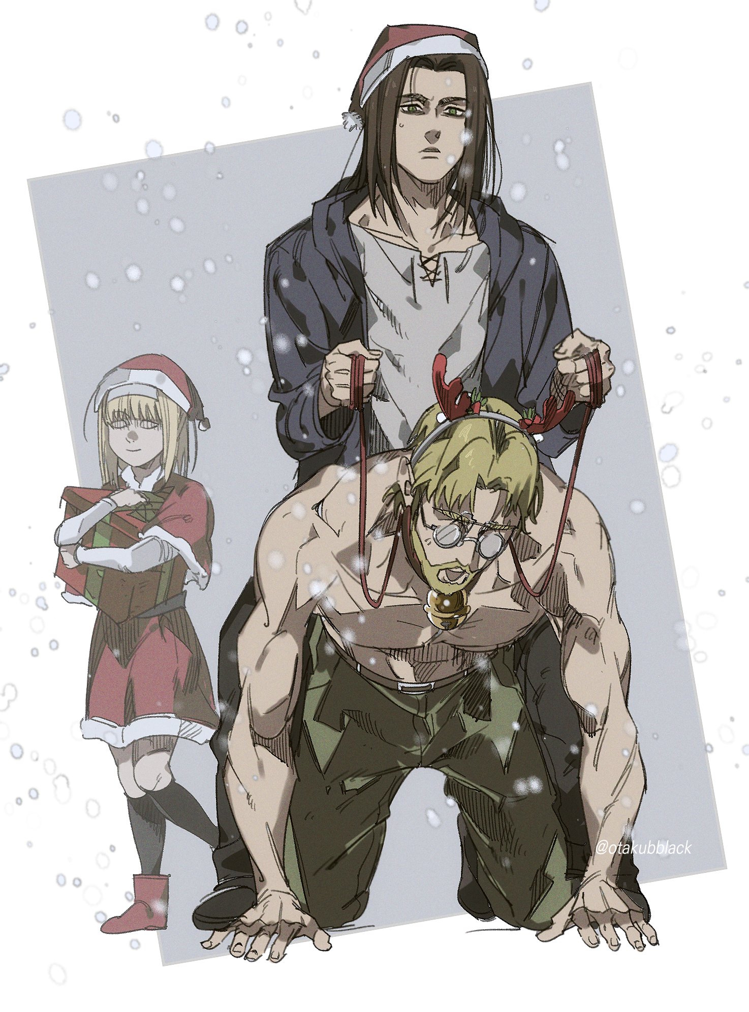 otakubblack, eren yeager, ymir fritz, zeke yeager, shingeki no kyojin, highres, all fours, beard, bell, black socks, blonde hair, boots, border, brothers, brown hair, capelet, christmas, dress, facial hair, fake antlers, fur-trimmed capelet, fur trim, glasses, green pants, grey background, grey jacket, hat, holding, holding reins, jacket, light smile, medium hair, muscular, muscular male, neck bell, open mouth, pants, parted bangs, red boots, reins, round eyewear, santa costume, santa dress, santa hat, shirt, siblings, snow, socks, sweatdrop, topless male, twitter username, white border, white shirt