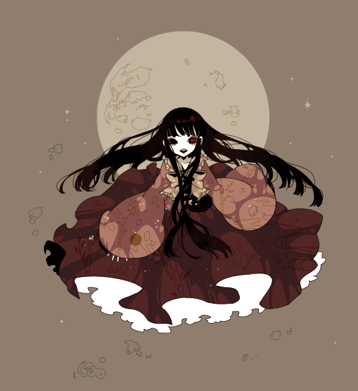 shikimi (yurakuru), houraisan kaguya, touhou, 1girl, black hair, female focus, full body, long hair, outdoors, red eyes, sky, solo, yurakuru pixiv81607