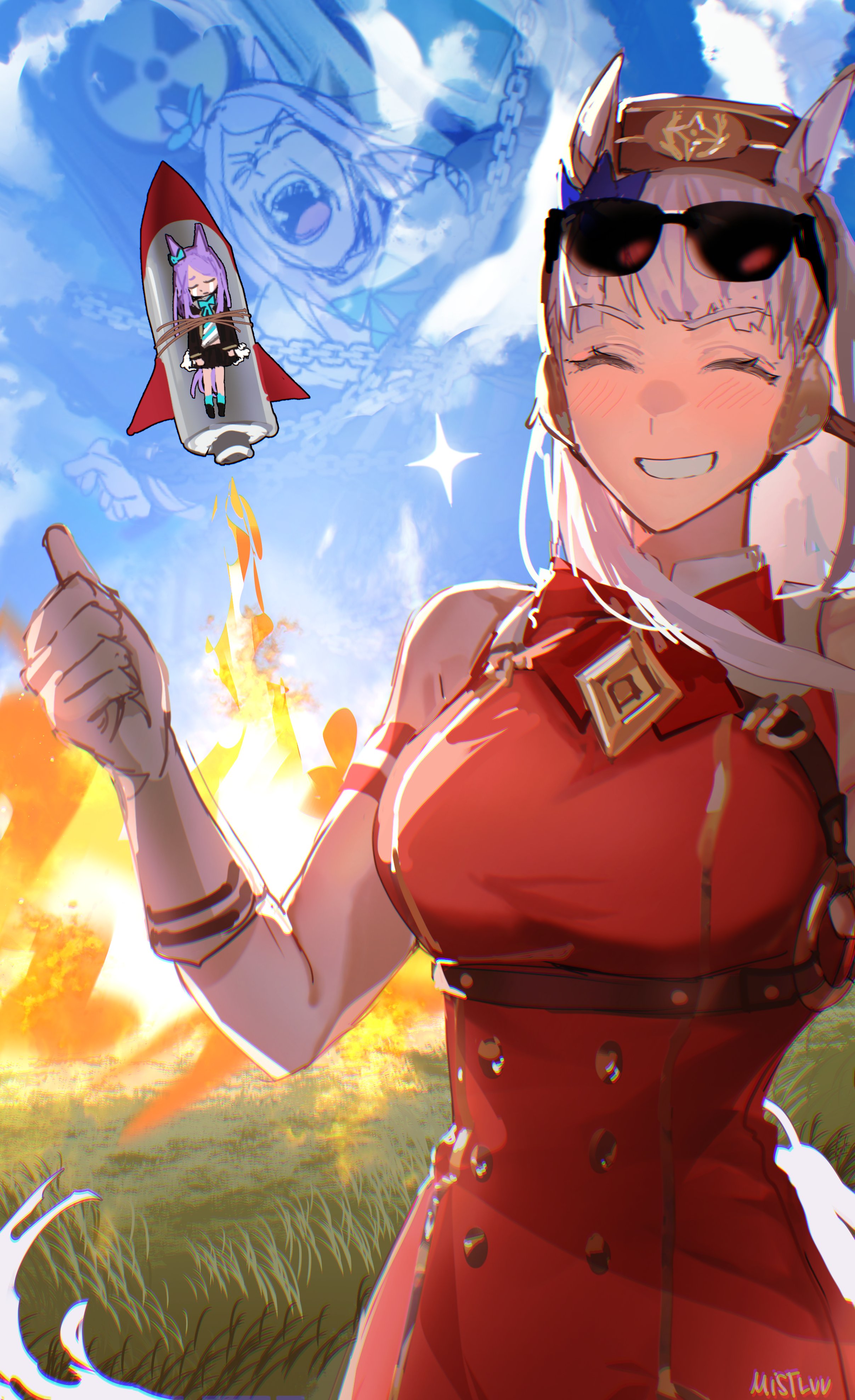 choripan, gold ship (red strife) (umamusume), gold ship (umamusume), mejiro mcqueen (frontline elegance) (umamusume), mejiro mcqueen (umamusume), umamusume, absurdres, highres, 2girls, animal ears, aqua bow, aqua bowtie, aqua ribbon, armband, bare shoulders, black jacket, black skirt, blue shirt, blue sky, blunt bangs, blush, bound, bow, bowtie, breasts, brown hat, chain, chained, closed eyes, cloud, crying, dress, ear bow, ear ribbon, eyewear on head, facing viewer, frilled jacket, frills, gloves, grass, grey hair, hat, horse ears, horse girl, horse tail, jacket, large breasts, long hair, long sleeves, meme, multiple girls, nuclear weapon, open mouth, outdoors, pillbox hat, purple hair, radiation symbol, red armband, red dress, ribbon, rocket, rocket ship, screaming, shirt, skirt, sky, sleeveless, sleeveless dress, smile, spacecraft, star (symbol), streaming tears, striped armband, striped clothes, striped shirt, sunglasses, tail, takeoff, tears, teeth, thumbs up, tied up (nonsexual), white armband, white gloves, white shirt, wolverine nuke (meme)