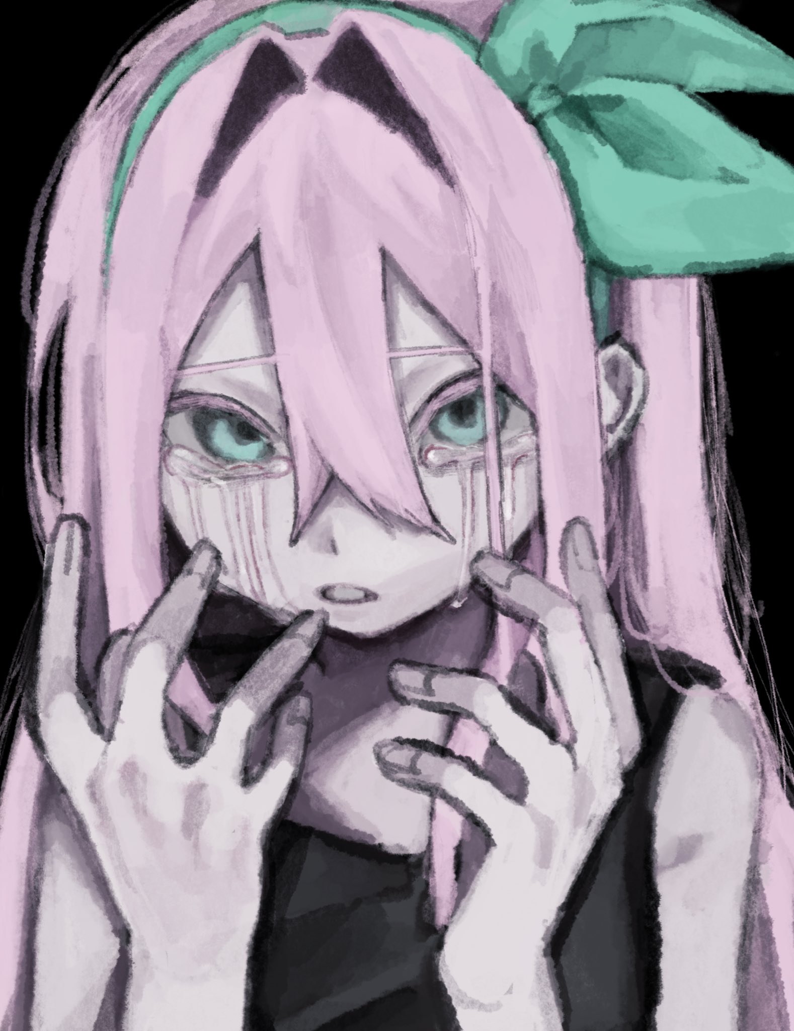 aubrey (faraway) (omori), aubrey (omori), omori, highres, 1girl, black background, blue eyes, blue hairband, crying, crying with eyes open, double-parted bangs, hair between eyes, hair intakes, hairband, long hair, long sleeves, looking at viewer, madai (si 202), parted lips, pink hair, simple background, solo, tears, upper body