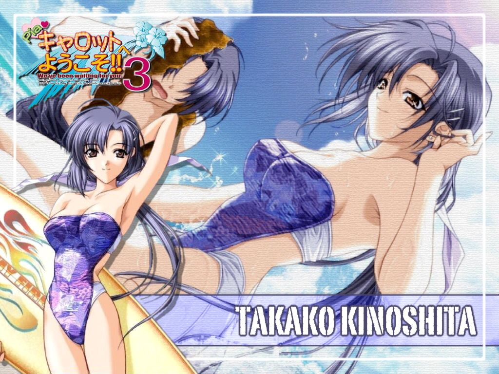 suzuhira hiro, kinoshita takako, pia carrot (series), pia carrot e youkoso!!, pia carrot e youkoso!! 3, jpeg artifacts, non-web source, 1990s (style), 1girl, black hair, bow, brown eyes, casual one-piece swimsuit, hair bow, long hair, one-piece swimsuit, retro artstyle, straight neck, surfboard, swimsuit, zoom layer