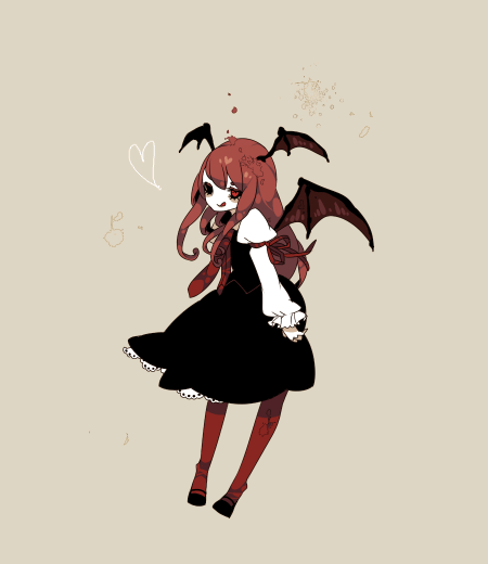 shikimi (yurakuru), koakuma, embodiment of scarlet devil, touhou, 1girl, :q, female focus, full body, head wings, pantyhose, red eyes, red hair, solo, standing, tongue, tongue out, wings, yurakuru pixiv81607