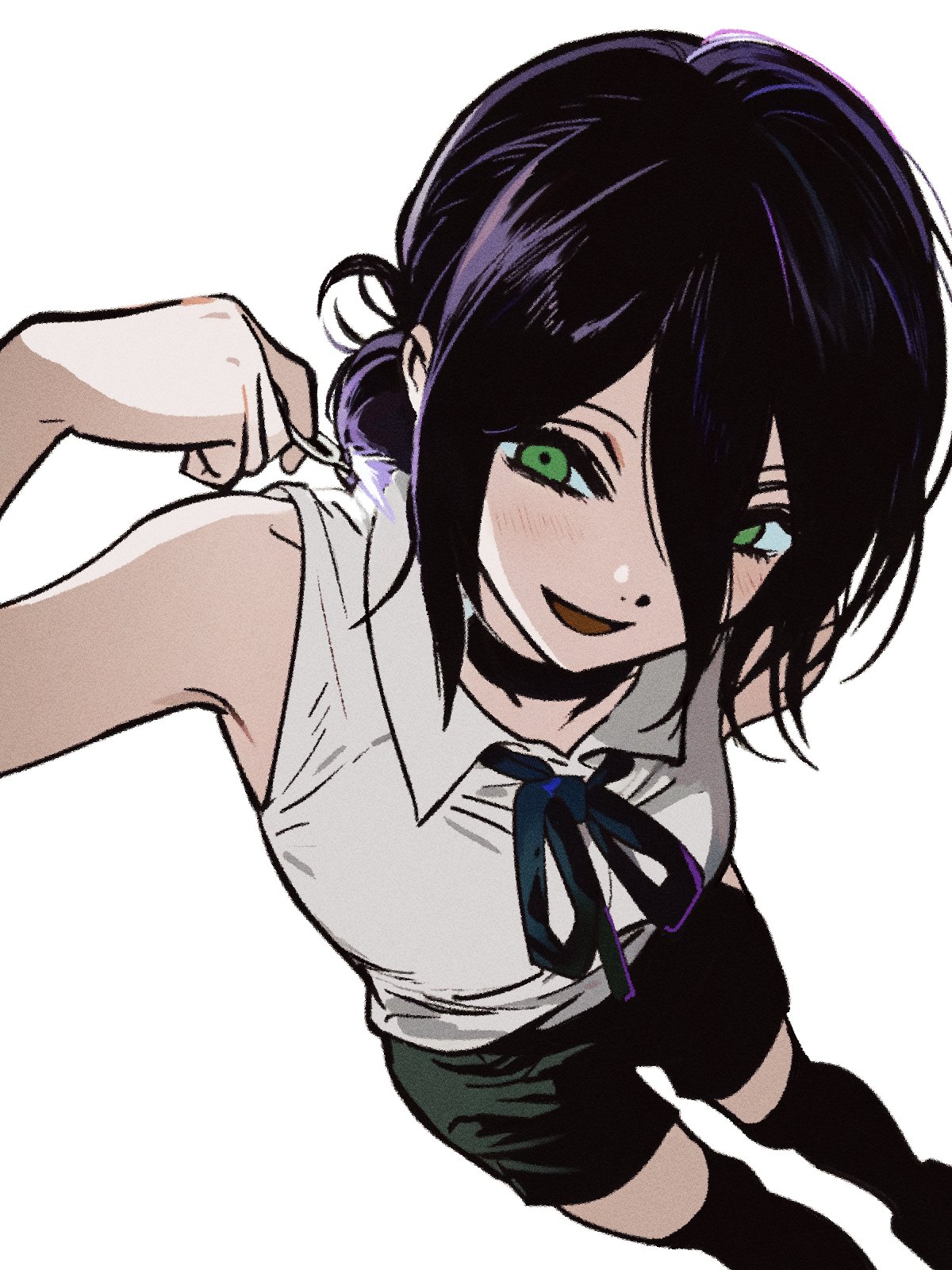 reze (chainsaw man), chainsaw man, highres, 1girl, black choker, black hair, black ribbon, black shorts, black thighhighs, choker, collared shirt, green eyes, grenade pin, hair between eyes, neck ribbon, open mouth, ottonyao, ribbon, shirt, shorts, simple background, sleeveless, sleeveless shirt, solo, thighhighs, white background