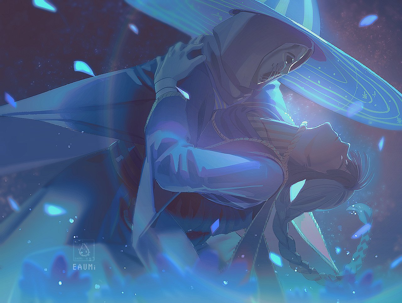 preceptor seluvis, sorceress sellen, elden ring, 1boy, 1girl, 2022, black hair, braid, carrying, carrying person, closed eyes, closed mouth, grabbing another's shoulder, hat, holding, lens, lens flare, mask, seeds of stars, single braid