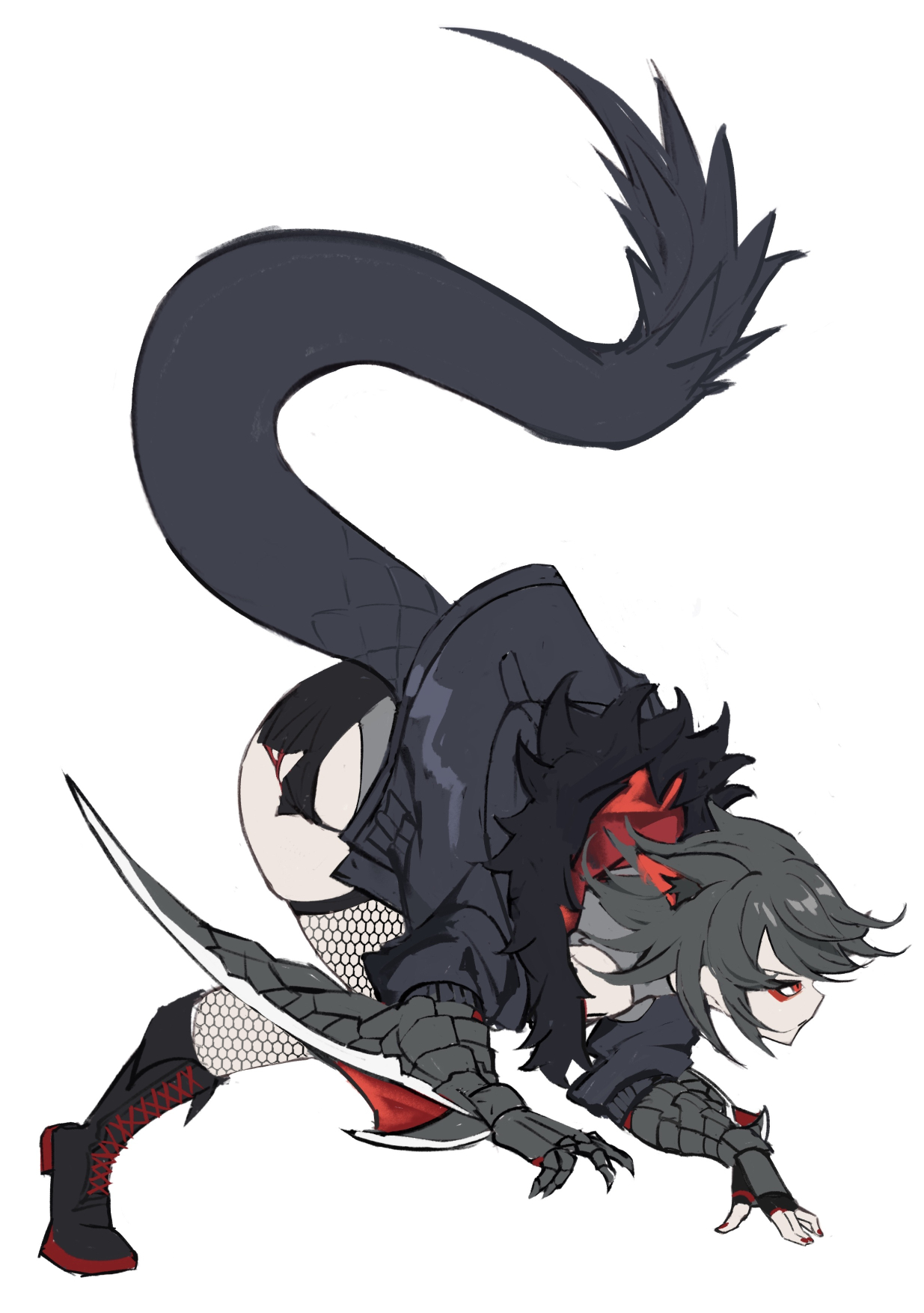 arigiep, nargacuga, monster hunter (series), highres, 1girl, animal ear fluff, animal ears, black boots, black gloves, black hair, black jacket, black tail, black wings, boots, claw (weapon), closed mouth, dragon tail, dragon wings, eyeliner, fingerless gloves, fingernails, fishnet thighhighs, fishnets, full body, fur-trimmed jacket, fur trim, gauntlets, gloves, jacket, lace-up boots, looking ahead, makeup, nail polish, personification, profile, red eyeliner, red eyes, red nails, serious, short hair, simple background, skindentation, solo, tail, tail raised, thighhighs, tiptoes, top-down bottom-up, torn clothes, v-shaped eyebrows, weapon, white background, winged arms, wings