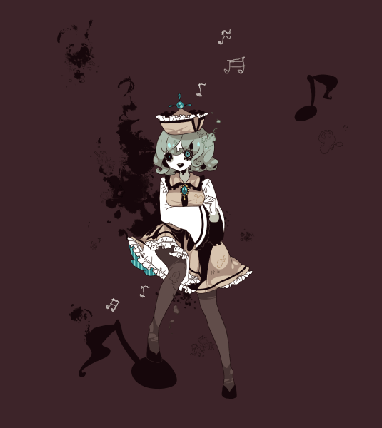 shikimi (yurakuru), merlin prismriver, touhou, 1girl, aqua eyes, female focus, hat, musical note, open mouth, pantyhose, short hair, solo, yurakuru pixiv81607