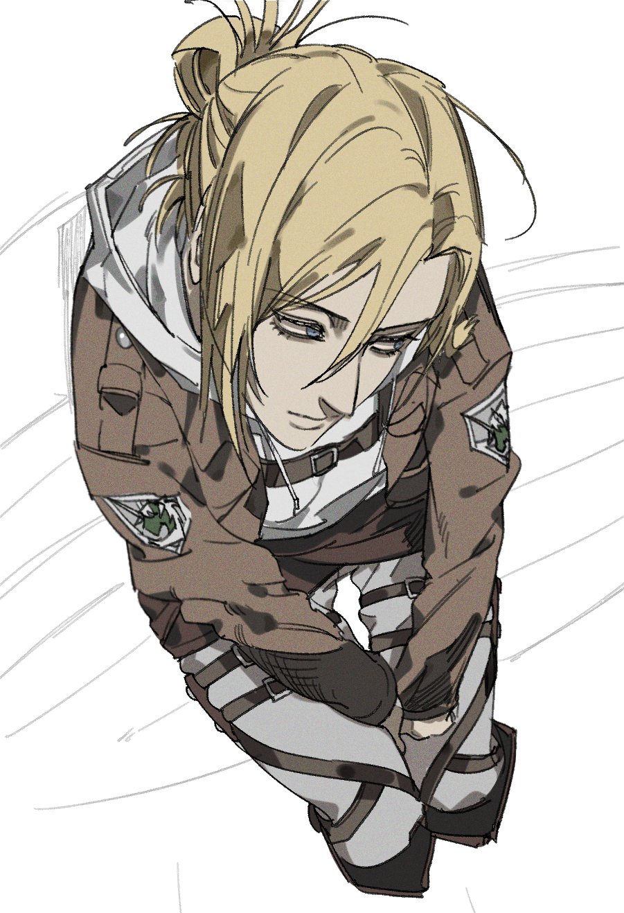 otakubblack, annie leonhart, shingeki no kyojin, highres, 1girl, blonde hair, blue eyes, brown jacket, closed mouth, from above, grey pants, hair between eyes, hair bun, hood, hood down, hoodie, jacket, jacket over hoodie, medium hair, military jacket, military uniform, pants, parted bangs, sitting, sketch, solo, three-dimensional maneuver gear, updo, white background, white hoodie
