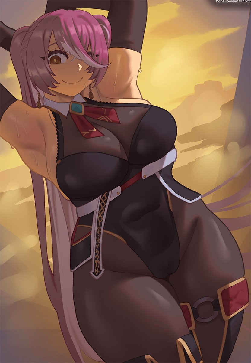 freddyhalloween, houshou marine, hololive, 1girl, armpits, arms behind head, arms up, curvy, pink hair, smile, thick thighs, thighs, virtual youtuber