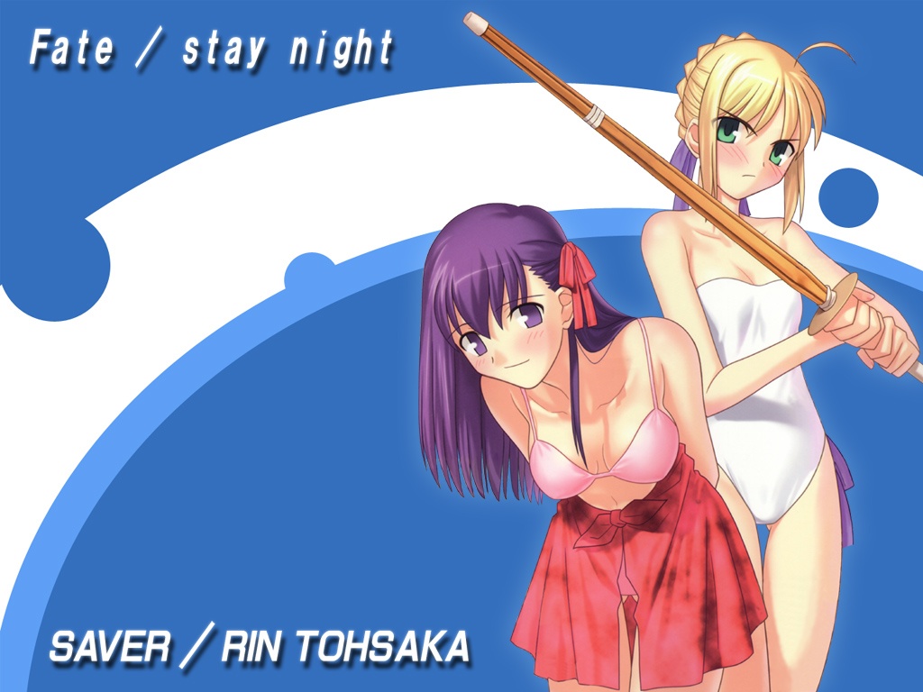 artoria pendragon (fate), matou sakura, saber (fate), fate/stay night, fate (series), non-web source, 00s, 2girls, alternate costume, artistic error, bent over, bikini, blonde hair, green eyes, long hair, multiple girls, purple eyes, purple hair, sarong, shinai, swimsuit, sword, weapon