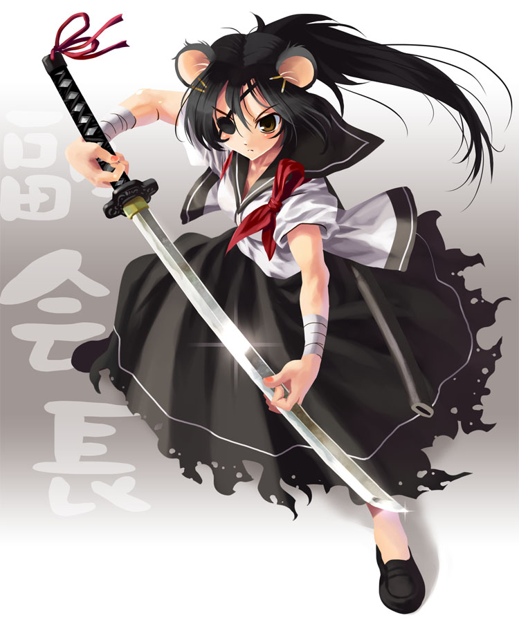 katahira masashi, original, animal ears, black hair, brown eyes, eyepatch, full body, katana, ponytail, school uniform, serafuku, solo, sword, weapon