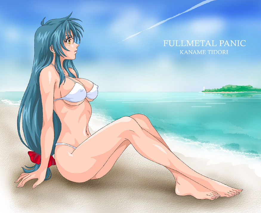 chidori kaname, full metal panic!, non-web source, 00s, 1girl, barefoot, beach, bikini, blue hair, breasts, brown eyes, character name, copyright name, covered erect nipples, day, feet, female focus, green hair, large breasts, long hair, long legs, low-tied long hair, navel, sitting, solo, swimsuit, white bikini