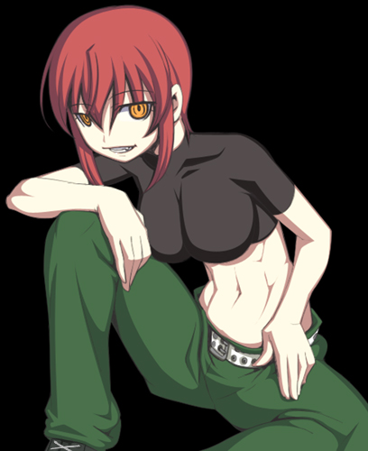 caryo, nanashino, riza wildman, kaibutsu oujo, lowres, 00s, abs, babydoll t-shirt, black background, crop top, grin, midriff, navel, red hair, short hair, simple background, smile, solo, yellow eyes
