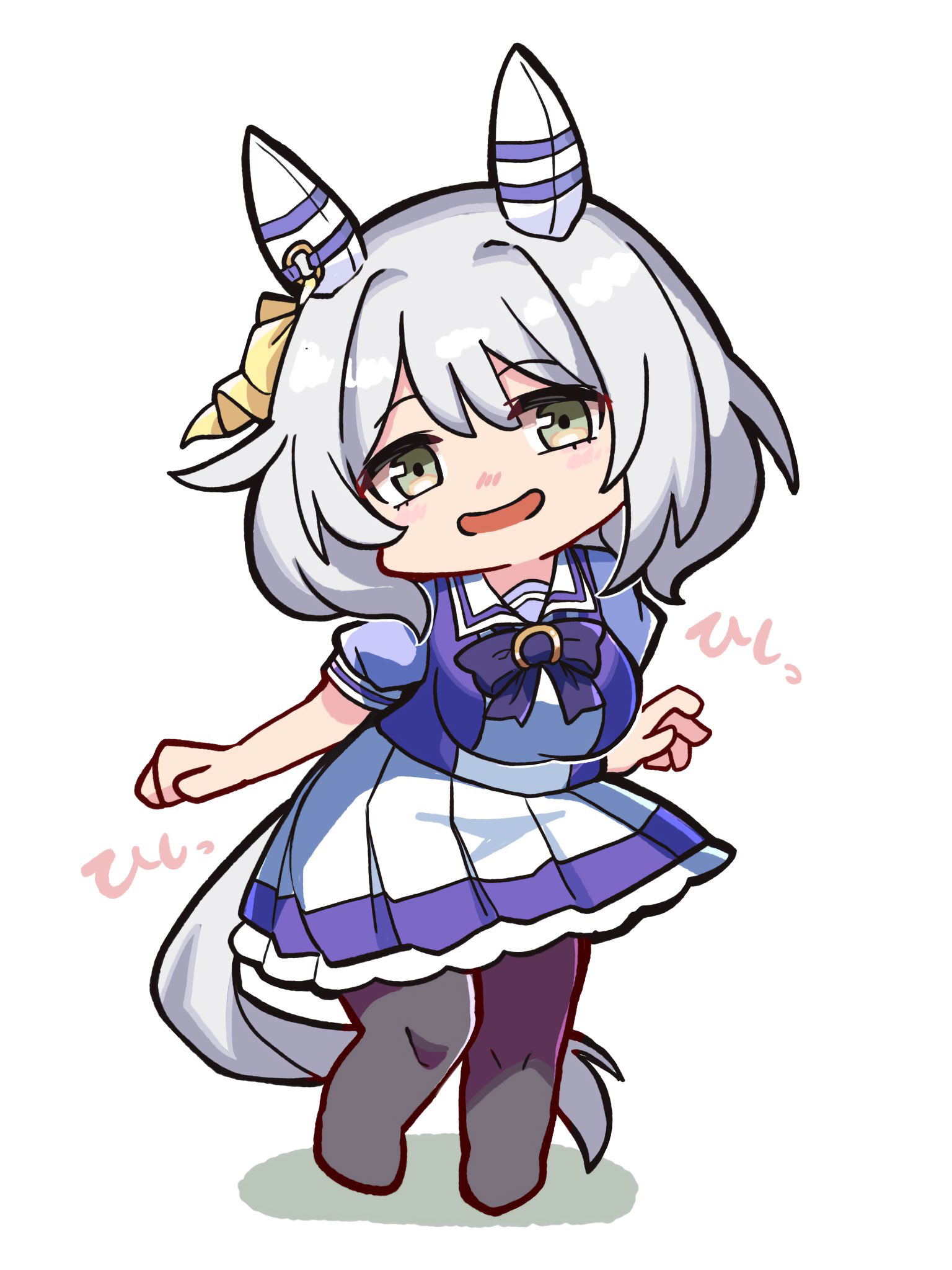 kawamochi (tddm3573), hishi miracle (umamusume), umamusume, highres, translation request, 1girl, :d, animal ears, blush stickers, bow, breasts, brown eyes, brown pantyhose, full body, grey hair, hair between eyes, head tilt, horse ears, horse girl, horse tail, large breasts, looking at viewer, open mouth, pantyhose, pleated skirt, puffy short sleeves, puffy sleeves, purple bow, purple shirt, school uniform, shadow, shirt, short sleeves, simple background, skirt, smile, solo, standing, tail, tracen school uniform, white background, white skirt