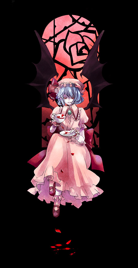 hidu aki, hiduki, hizuki (hidu aki), remilia scarlet, touhou, bad id, bad pixiv id, 1girl, blood, blue hair, female focus, hat, red eyes, ribbon, solo, wings