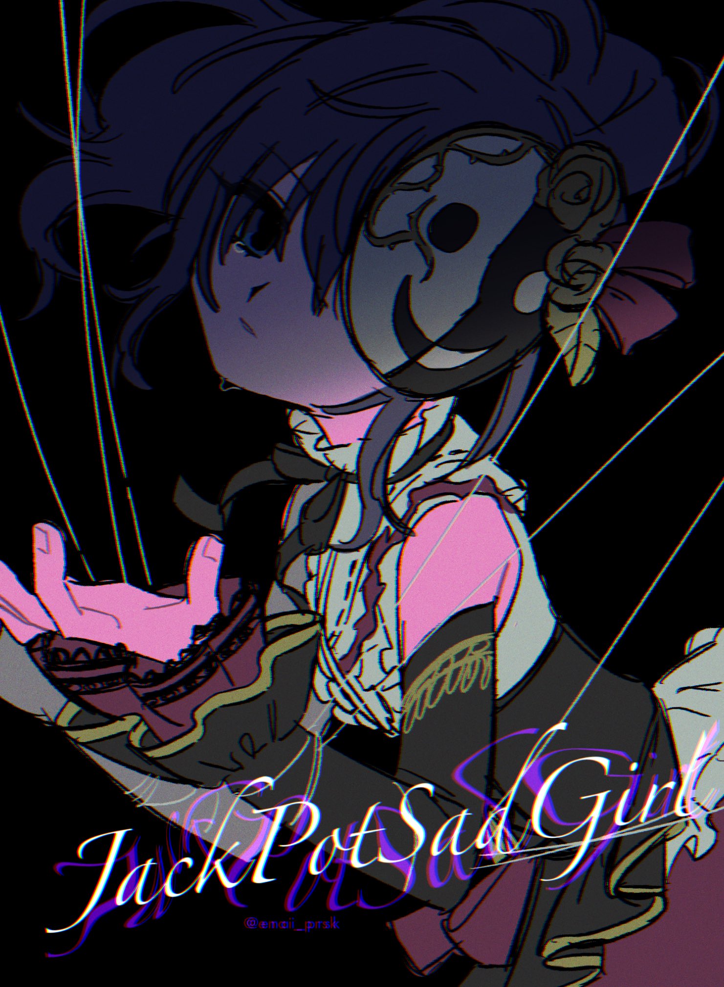 menma (enaic31), asahina mafuyu, project sekai, commentary, highres, 1girl, bare shoulders, black background, black corset, black ribbon, bow, brown skirt, center frills, chromatic aberration, corset, detached sleeves, empty eyes, film grain, fingernails, flower, frilled sleeves, frills, from above, hair between eyes, hair bow, hand up, hands up, high ponytail, long hair, long sleeves, looking at viewer, looking up, mask, neck ribbon, one eye covered, parted lips, ponytail, puppet strings, purple eyes, purple hair, red bow, ribbon, rose, shirt, simple background, skirt, sleeveless, sleeveless shirt, sleeves past wrists, solo, tearing up, twitter username, upper body, white shirt, yellow flower, yellow rose