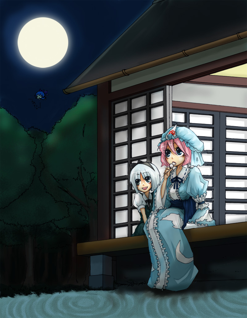 mukunishi, tmc, cirno, konpaku youmu, saigyouji yuyuko, touhou, silver hair, bad id, bad pixiv id, 3girls, blush, building, female focus, full body, full moon, garden, grass, hat, long sleeves, looking afar, mob cap, moon, multiple girls, outdoors, pink hair, plant, short hair, shrine, sitting, sliding doors, triangular headpiece, wooden floor