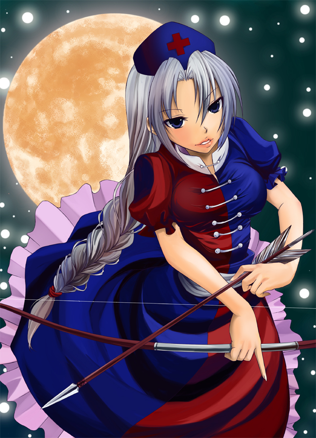 usagi hakushaku, yagokoro eirin, touhou, silver hair, 1girl, arrow (projectile), blue eyes, bow (weapon), braid, breasts, female focus, hat, long hair, moon, outdoors, sky, solo, weapon