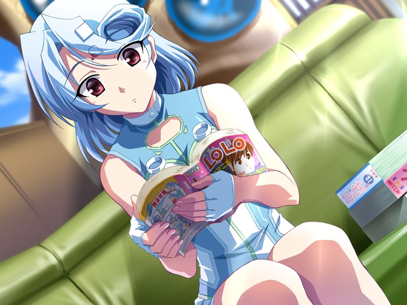 izumi mahiru, r-shirotsumegusa, r.u.r.u.r, game cg, non-web source, 1girl, blue hair, book, comic, couch, dutch angle, female focus, fingerless gloves, gloves, green upholstery, manga (object), open book, purple eyes, reading, red eyes, short hair, sitting, sleeveless, solo