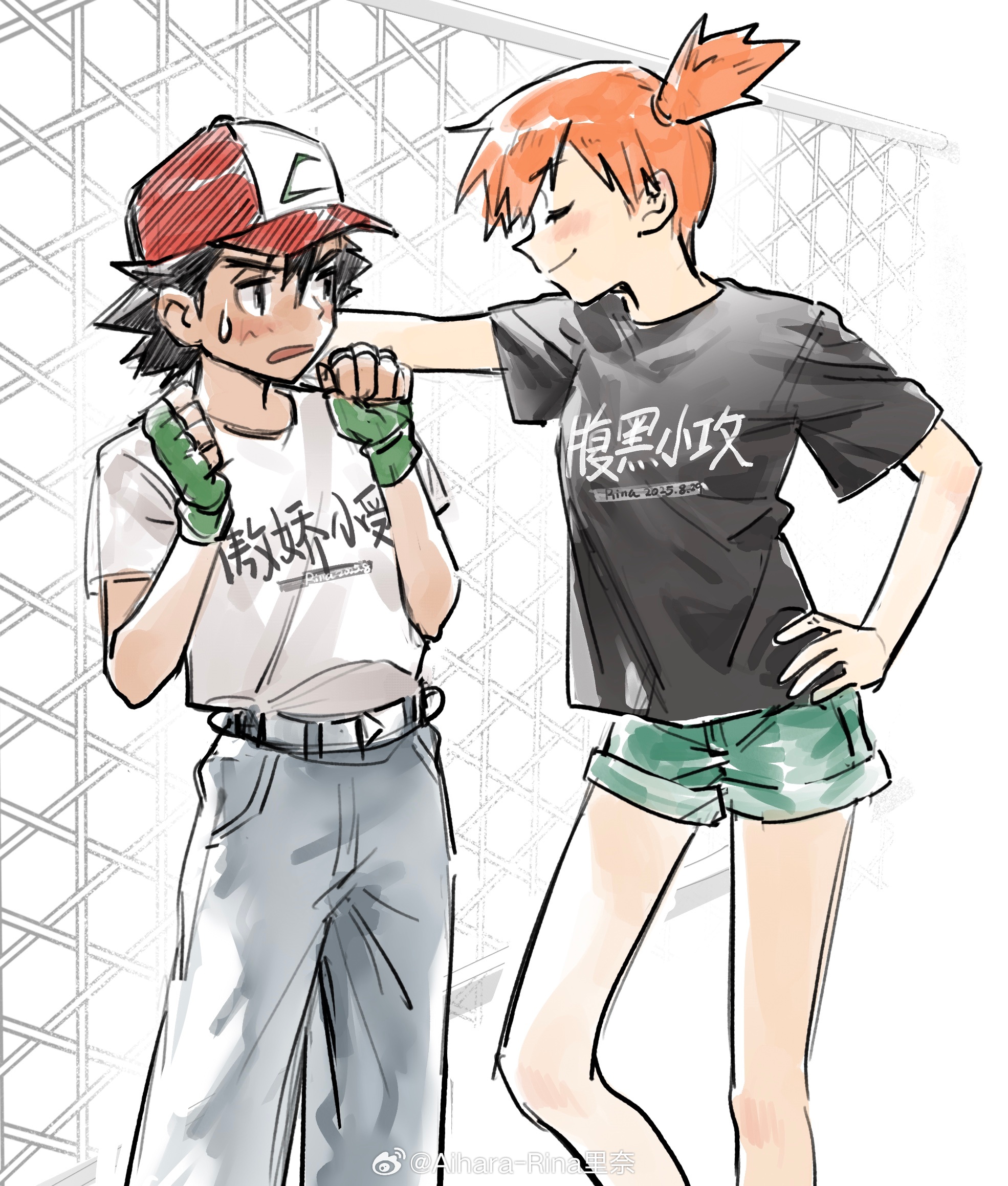 ash ketchum, misty (pokemon), nintendo, pokemon, pokemon (anime), pokemon (classic anime), 1boy, 1girl, baseball cap, belt, black hair, black shirt, blush, chain-link fence, clenched hands, closed eyes, closed mouth, fence, fingerless gloves, gloves, green gloves, green pants, green shorts, grey pants, hand on own hip, hands up, hat, kabedon, knees, open mouth, orange hair, pants, ponytail, shirt, short hair, short sleeves, shorts, side ponytail, smile, standing, sweatdrop, t-shirt, white shirt