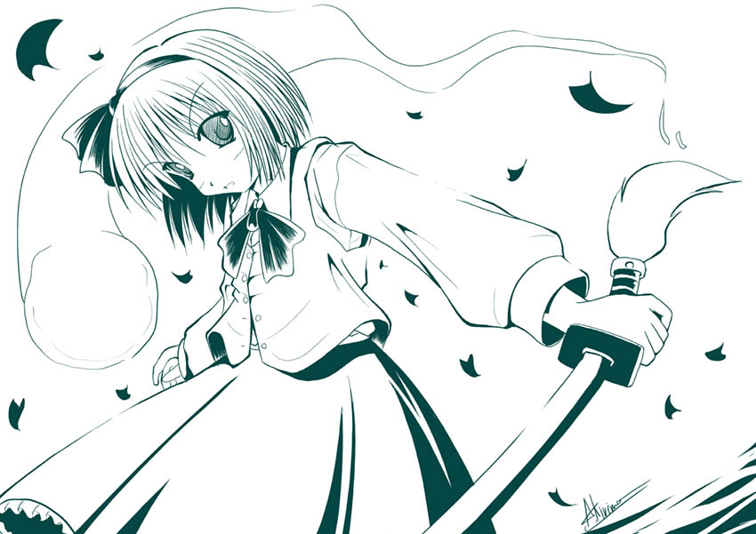a kirima, konpaku youmu, konpaku youmu (ghost), touhou, 1girl, aqua theme, female focus, hairband, hitodama, katana, monochrome, ribbon, school uniform, serafuku, short hair, solo, sword, weapon