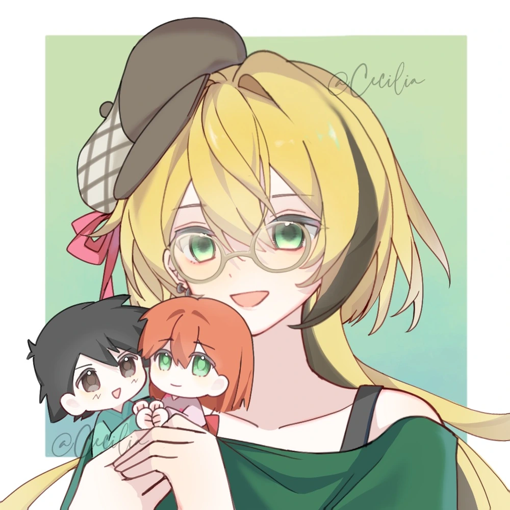 ash ketchum, misty (pokemon), nintendo, original, pokemon, pokemon (anime), pokemon (classic anime), 1boy, 2girls, beret, black hair, blonde hair, bra strap, brown eyes, brown hair, character doll, chibi, collarbone, doll, duel monster, earrings, glasses, green eyes, green shirt, hair between eyes, hair intakes, hat, holding, holding doll, japanese clothes, jewelry, kimono, long hair, mini person, minigirl, multicolored hair, multiple girls, off-shoulder shirt, off shoulder, open mouth, orange hair, red ribbon, ribbon, round eyewear, shirt, short hair, smile, streaked hair, tilted headwear, two-tone hair, upper body