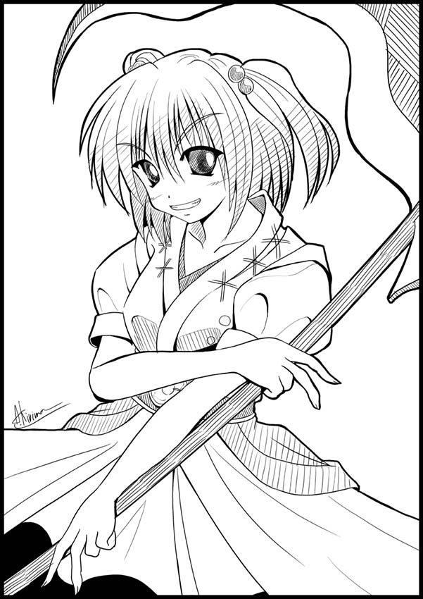 a kirima, onozuka komachi, touhou, 1girl, dress, female focus, greyscale, monochrome, scythe, simple background, smile, solo, twintails, two side up, white background